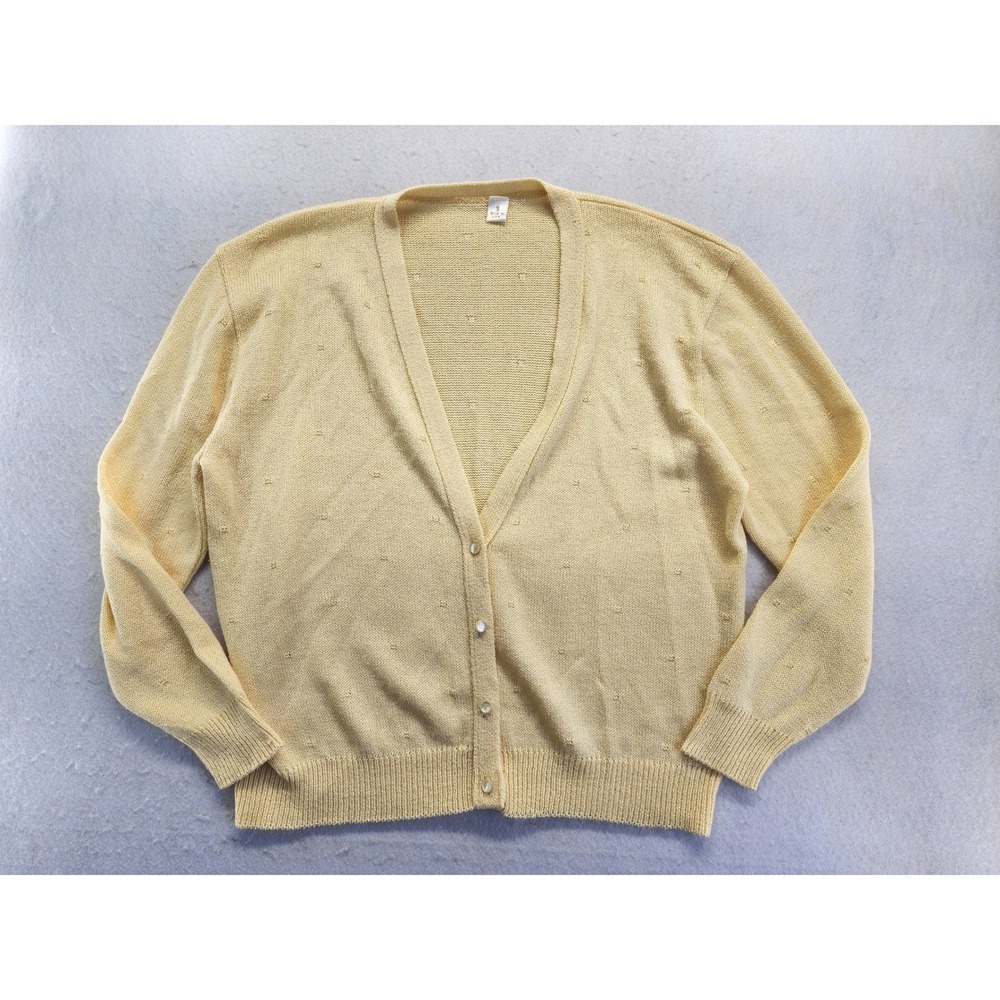 Vintage Yellow Pointelle Knit V-Neck Button Front Cardigan Sweater Sm Oversized